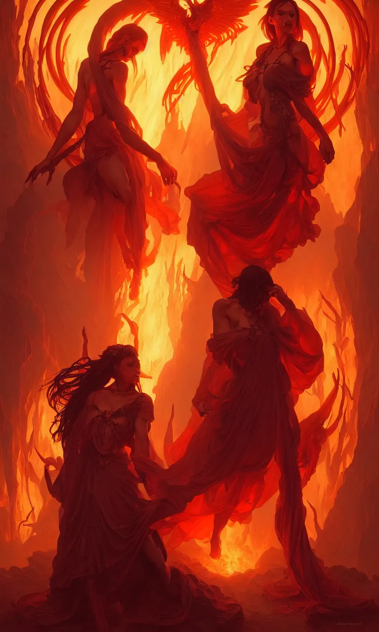 Image similar to Purgatory, fire woman in hell. The gateway to the infernal underworld. Devils demons, highly detailed, digital painting, artstation, concept art, smooth, sharp focus, illustration, art by artgerm and greg rutkowski and alphonse mucha