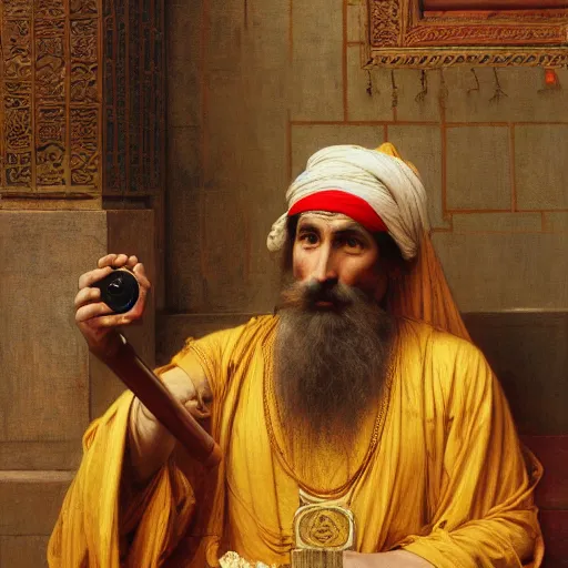 Prompt: orientalist portrait of a sage wearing golden robes smoking a pipe in a sandstone temple intricate portrait by john william waterhouse and Edwin Longsden Long and Theodore Ralli and William-Adolphe Bouguereau, very coherent symmetrical artwork. Cinematic, hyper realism, high detail 8k