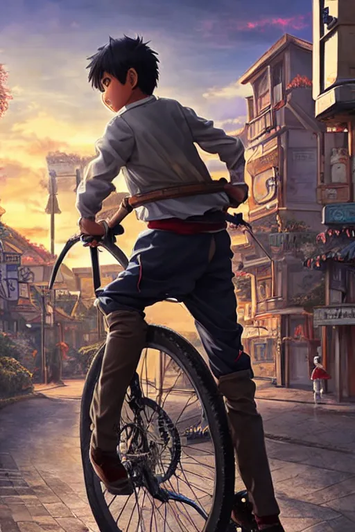 Image similar to ultra detailed keyart of sci - fy movie, a boy carrying a sword in his back is riding a simple bycycle in the main street of isekai shinjuku