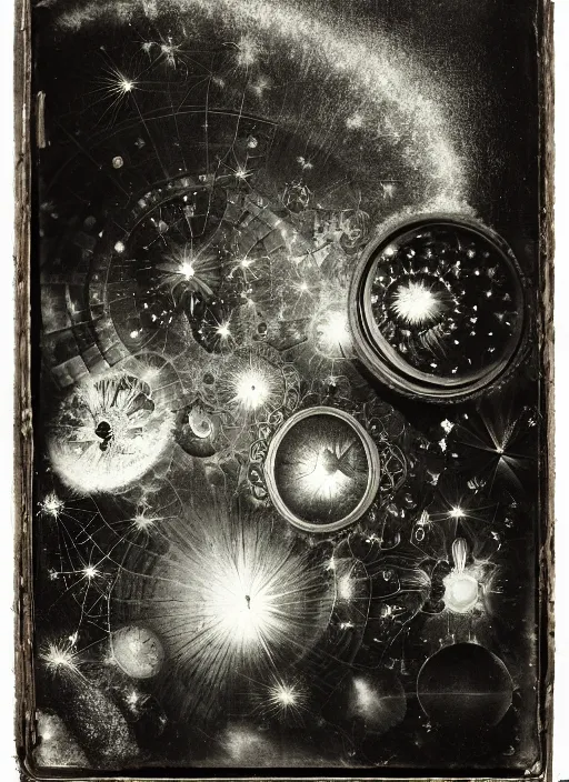 Image similar to old wetplate daguerreotype invention of the universe, explosion of data fragments, fractal, intricate, elegant, highly detailed, parallax, leica, medium format, subsurface scattering, by paul delvaux