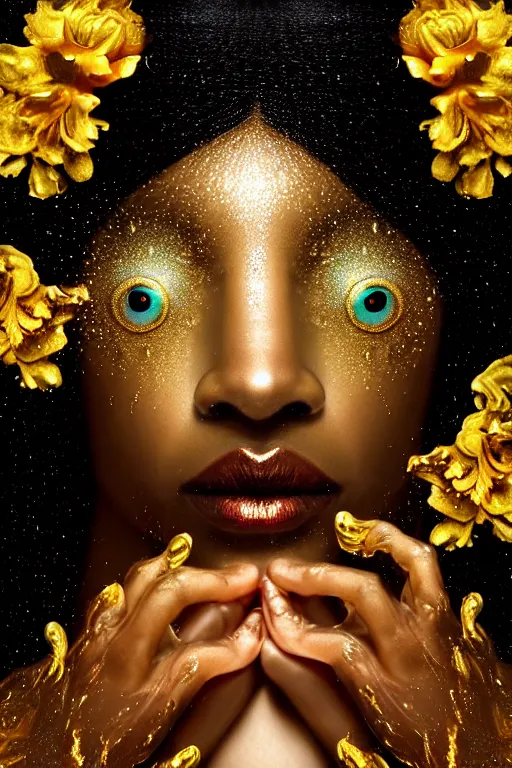 Image similar to hyperrealistic neo - rococo cinematic very expressive! black oshun goddess, open eyes, body in water, mirror dripping droplet!, gold flowers, highly detailed face, digital art masterpiece, smooth eric zener cam de leon dramatic pearlescent teal light, ground angle uhd 8 k, sharp focus