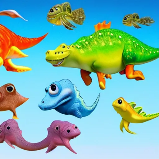 Image similar to aquatic baby fish dinosaurs rendered by pixar