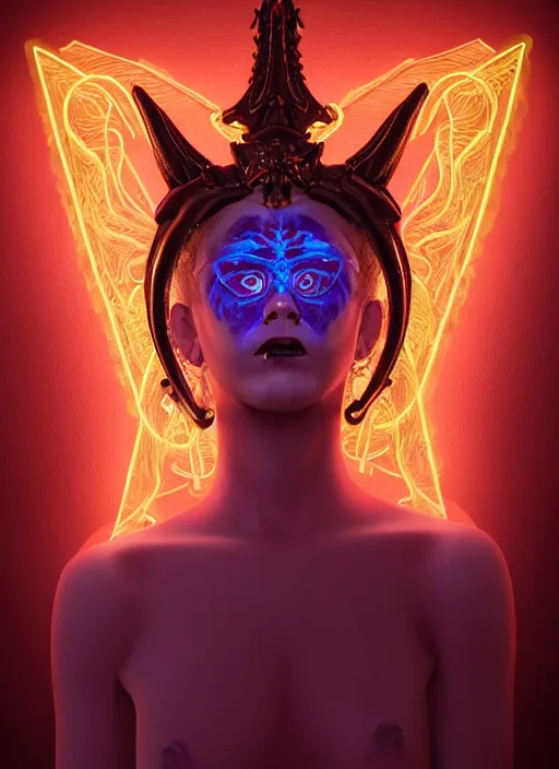 Image similar to inside covens den, diffuse lighting, neon demon exorcist baphomet hyper ornate wiccan masks, hdrp render, intricate wiccan facial detailing, highly detailed, lifelike, photorealistic, digital painting, artstation, unreal 5, smooth, sharp focus, art by john collier, albert aublet, krenz cushart