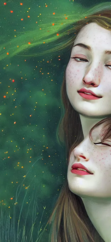 Image similar to infp young woman, smiling, amazed by golden fireflies lights, sitting in the midst of nature fully covered, long loose red hair, intricate linework, green eyes, small nose with freckles, oval shape face, realistic, expressive emotions, dramatic lights, spiritual scene, hyper realistic ultrafine art by cecco del caravaggio and albert bierstadt and artgerm