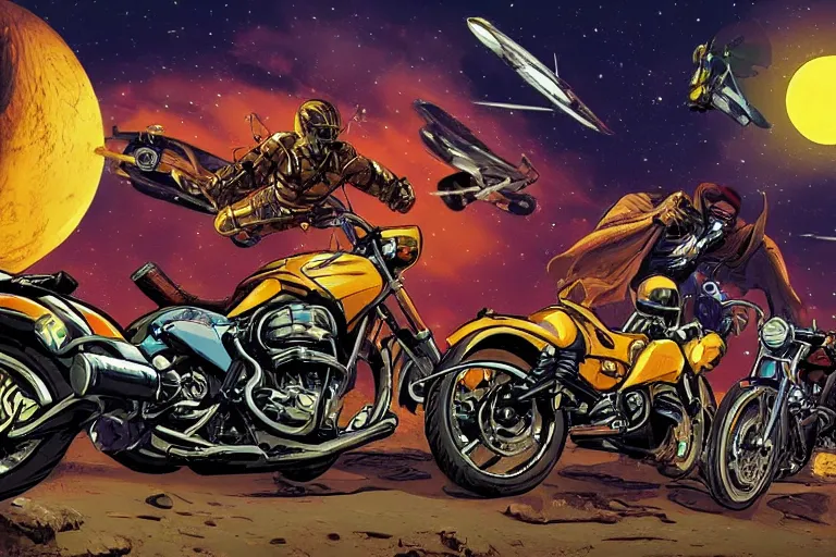 Prompt: motorcycles outside of bar night sky stars illustration by jack kirby artstation 4 k 8 k graphic novel concept art matte painting