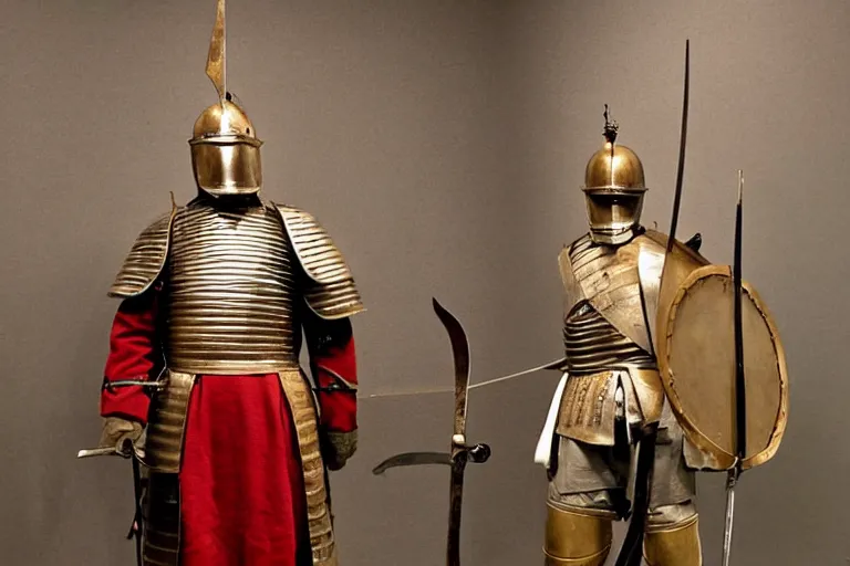 Prompt: photo of a reconstruction of a balkan tatar knight holding a sword, displayed in a museum