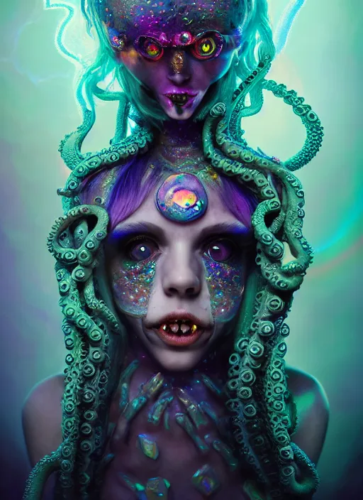 Prompt: A full shot of a cute magical monster girl wearing a dress made of opals and tentacles. Creepy Pasta. F1.4. Symmetrical. Dark Smoke and VFX. Caustics refraction. Prism light. defined facial features, symmetrical facial features. Rainbows. Soft Lighting. beautiful lighting. By Giger and Ruan Jia and Artgerm and Range Murata and WLOP and William-Adolphe Bouguereau and Loish and Lisa Frank. trending on artstation, featured on pixiv, award winning, sharp, details, intricate details, realistic, Hyper-detailed, HD, HDR, 4K, 8K.