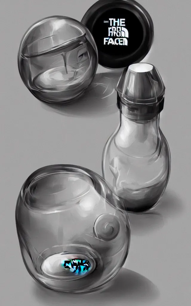 Prompt: the north face transparent bottle, very round with black top, filled with wihite liquid, concept art, matte, sharp focus, illustration, art by aenaluck, artgerm