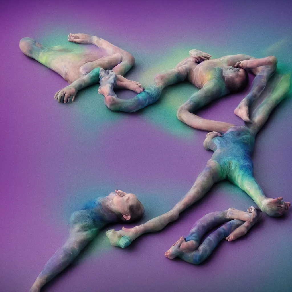 Image similar to cinestill of glitch iridiscent oil slick corpses connected by tubes to wax technical forms to a buried baby relaxing on yoga mat, faded, iridiscent gradient, purple fog, depth of field, blur, very detailed, by nadav kander and hans bellmer, 8 k, ultrarealistic, sad atmosphere, cinematic, 8 5 mm lens