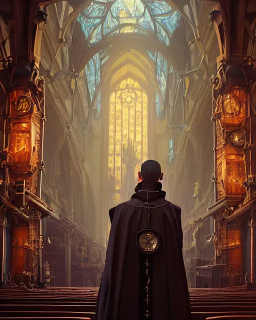 Image similar to highly detailed surreal vfx portrait of a steampunk priest in a steampunk cathedral, stephen bliss, unreal engine, greg rutkowski, loish, rhads, beeple, makoto shinkai and lois van baarle, ilya kuvshinov, rossdraws, tom bagshaw, alphonse mucha, global illumination, detailed and intricate environment