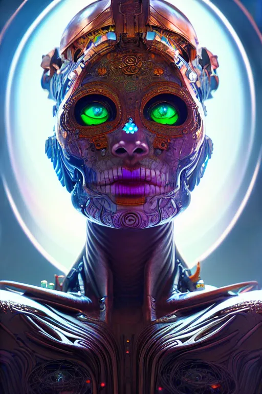 Image similar to ultra detailed Female Android deity, scifi, octane render, (dia de los muertos), asymmetrical, intricate concept art, triadic color scheme, art by artgerm and giger and DZO and greg rutkowski and alphonse mucha and WLOP