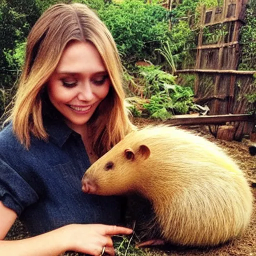 Prompt: elizabeth olsen with a capybara