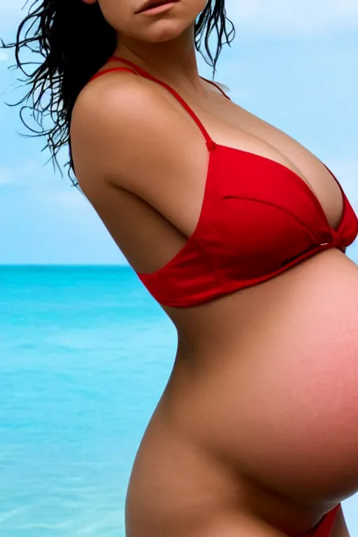Image similar to pregnant mila kunis in a red bikini, realistic portrait, symmetrical, highly detailed, smooth, sharp focus, hdr 8 k film screenshot