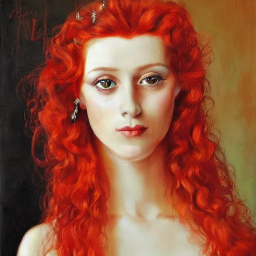 Image similar to portrait of a beautiful young long dress woman _ red _ haired duchess, woman, by cheval michael