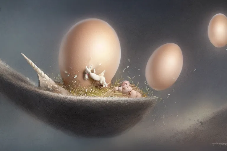 Prompt: a baby unicorn hatching out of a egg, matte painting, concept art, digital art, trending on artstation, 4 k, extremely detailed, realistic, fantasy art,