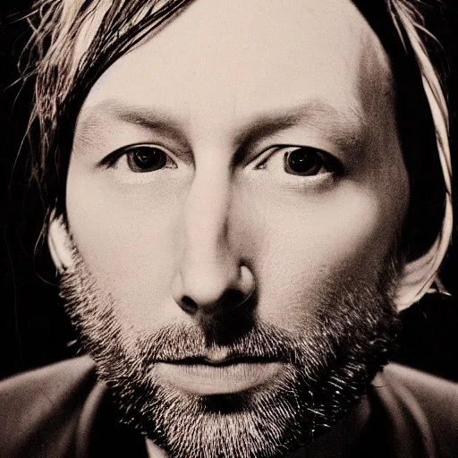 Image similar to Yorke Thom Radiohead yorke thom, with a beard and a black jacket, a portrait by John E. Berninger, dribble, neo-expressionism, uhd image, studio portrait, 1990s