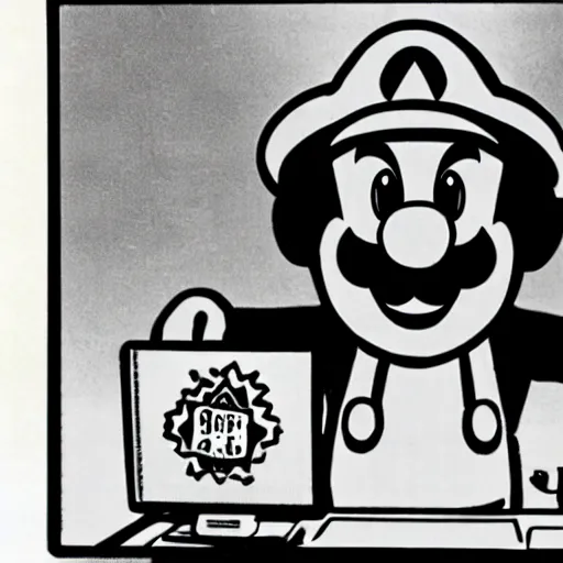 Image similar to super Mario sitting in front of a computer screen with a skull and bones, 90s tv ad