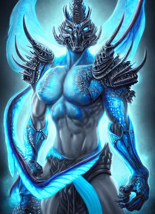 Image similar to muscular and tall blue ghostly fire humanoid dragon!!!! draconian!! intricate ornate iridescent heavy armor!! character concept art, sharp focus, octane render! unreal engine 5! highly rendered!! trending on artstation!! detailed linework!! illustration by artgerm, wlop, and chie yoshii