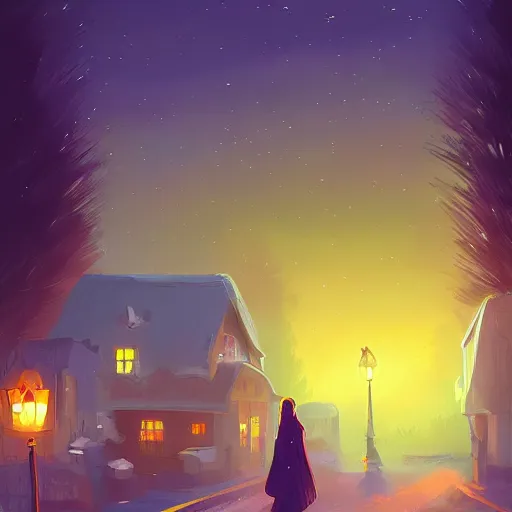 Prompt: A quaint, magical village at night, digital painting by Alena Aenami, trending on artstation