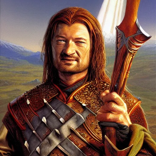 Prompt: noble warrior Boromir with his horn of Gondor by Mark Brooks, Donato Giancola, Victor Nizovtsev, Scarlett Hooft, Graafland, Chris Moore