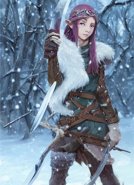 Image similar to a female elven hunter in winter, snowy background, snowy. Holding a hunting knife. Facing the camera, long shot. By Makoto Shinkai, Stanley Artgerm Lau, WLOP, Rossdraws, James Jean, Andrei Riabovitchev, Marc Simonetti, krenz cushart, Sakimichan, trending on ArtStation, digital art.