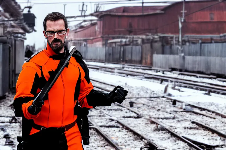 Image similar to vfx movie closeup real life gordon freeman holding wearing futuristic orange and black armor crowbar in russian train yard by emmanuel lubezki