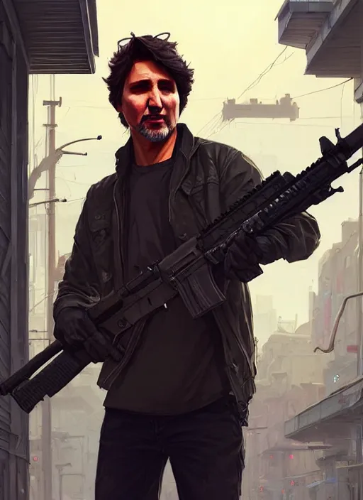 Image similar to highly detailed portrait justin trudeau in street gang attire holding ar - 1 5! in gta v stephen bliss unreal engine fantasy art by greg rutkowski loish rhads ferdinand knab makoto shinkai lois van baarle ilya kuvshinov rossdraws tom bagshaw global illumination radiant light detailed intricate environment