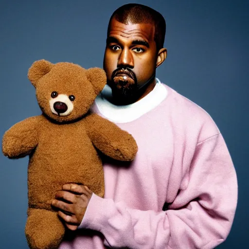 Image similar to Kanye West holding a teddy bear for a 1990s sitcom tv show, Studio Photograph, portrait C 12.0