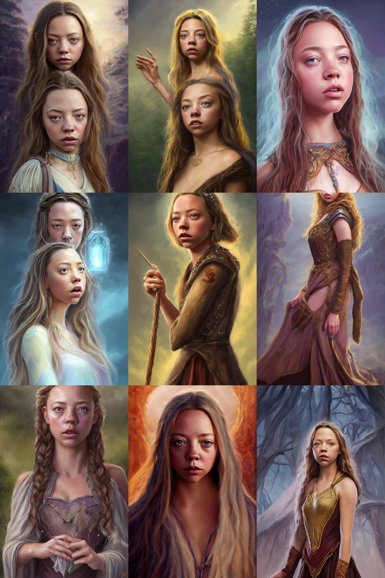 Image similar to a full body high detail fantasy portrait oil painting illustration of sydney sweeney as an elegant female wizard by justin sweet with face and body clearly visible, in a scenic background, pupils visible, realistic proportions, d & d, rpg, forgotten realms, artstation trending, high quality, sombre mood, artstation trending, muted colours, entire person visible!