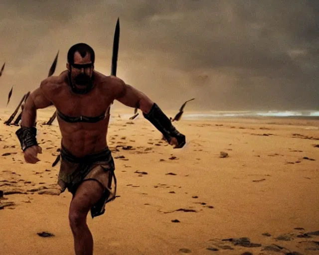 Prompt: single spartan running on australian beach, epic award winning action cinematic still from the movie 3 0 0