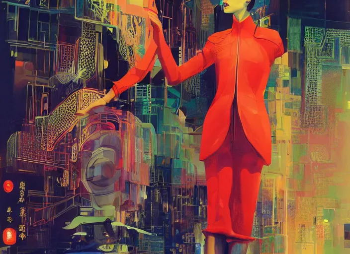 Image similar to powerful chinese princess, full body, neon lights, high fashion, futurism, aerodynamic, feminine, oriental, intricate, slick, highly detailed, digital painting, vogue, concept art, smooth, sharp focus, hd, art by syd mead and john berkey and annie leibovitz