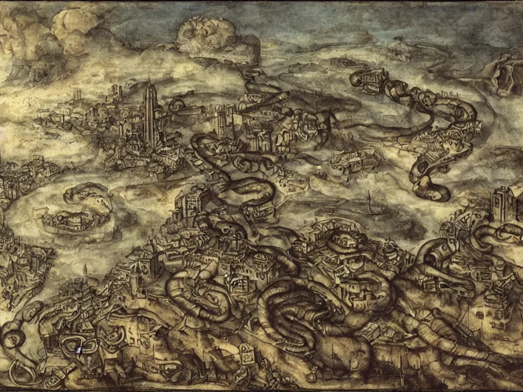 Image similar to Anaconda snake coiled around a large, white cloud, above a deserted, post-apocalyptic city. Painting by Durer.