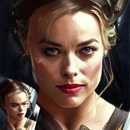 Image similar to Rachel McAdams' face combined with Margot Robbie's face with black hair wearing Power Armor, western, D&D, fantasy, intricate, elegant, highly detailed, digital painting, artstation, concept art, matte, sharp focus, illustration, art by Artgerm and Greg Rutkowski and Alphonse Mucha