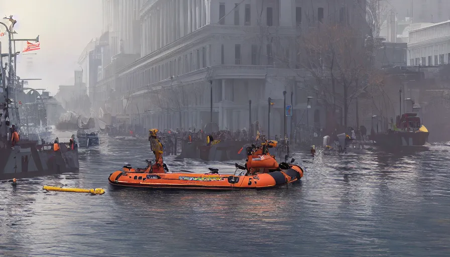 Image similar to lifeboat crossing washington dc streets after devastating tsunami, collapsed buildings in the water, rescuing people, sunny day, hyperdetailed, artstation, cgsociety, 8 k