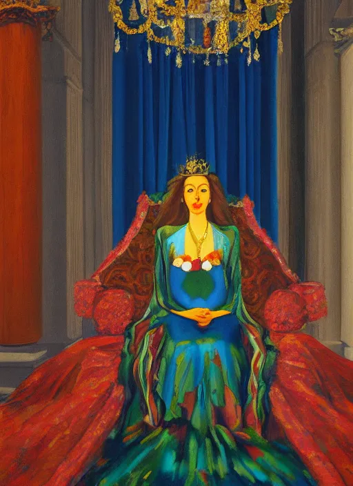 Image similar to oil painting of portait Queen of Ecstasy in a large throne room, Hungarian, by Georgia o Keeffe, by Marcel Jankowicz, animation