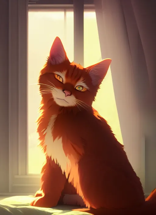 Image similar to a portrait of ginger cat, sleeping in a messy bedroom, sun - rays, studio ghibli, pixar and disney animation, sharp, rendered in unreal engine 5, anime key art by greg rutkowski, bloom, dramatic lighting