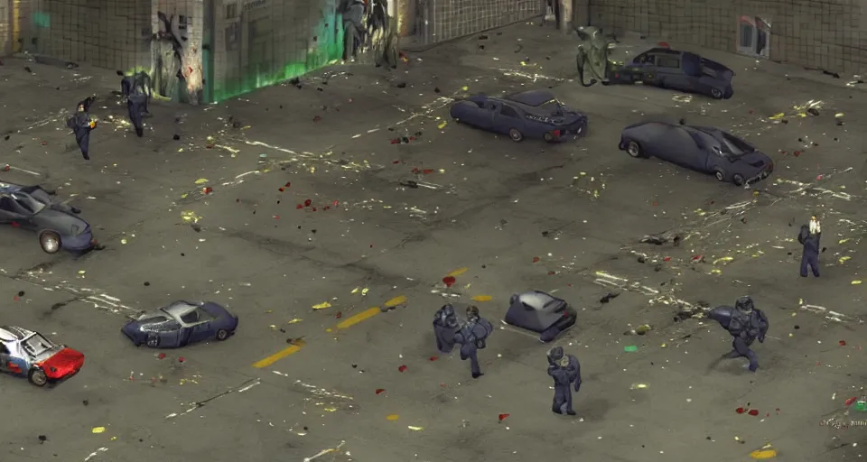 Image similar to 1998 Video Game Screenshot of Neo-tokyo Cyborg bank robbers vs police, Set inside of Parking Garage, Dark, Multiplayer set-piece Ambush, Tactical Squads :10, Police officers under heavy fire, Suppressive fire, Pinned down, Destructible Environments, Gunshots, Headshot, Bullet Holes and Anime Blood Splatter, :10 Gas Grenades, Riot Shields, MP5, AK45, MP7, P90, Chaos, Anime Machine Gun Fire, Gunplay, Shootout, :14 FLCL + Jet Grind Radio, Cel-Shaded:17, Created by Katsuhiro Otomo + Arc System Works + miHoYo: 20