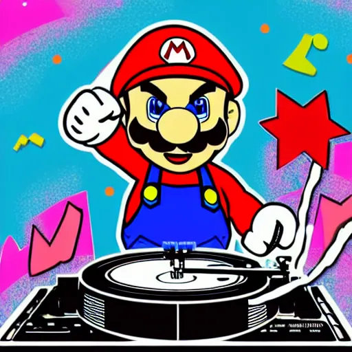 Image similar to svg sticker of a Pop-Wonder SuperMario, Mario-Wearing-a-red-hat, at a rave, spinning records, giant headphones rocking out, wearing headphones, huge speakers, dancing, rave, DJ, spinning records, digital art, amazing composition, rule-of-thirds, award-winning, trending on artstation, featured on deviantart