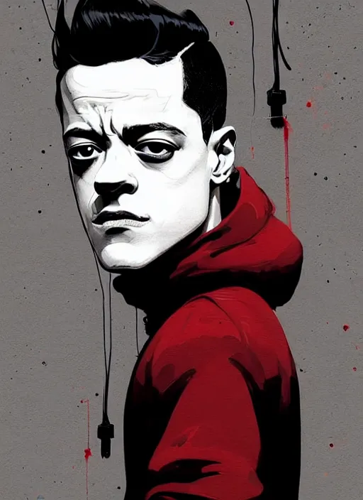 Image similar to highly detailed moody portrait of rami malek, elliot anderson, black hoody by atey ghailan, by greg rutkowski, by greg tocchini, by james gilleard, by joe fenton, by kaethe butcher, gradient red, black and white color scheme, grunge aesthetic!!! ( ( graffiti tag wall background ) )