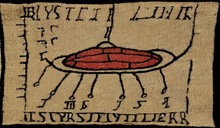 Prompt: Flying saucer on the bayeux tapestry, medieval style