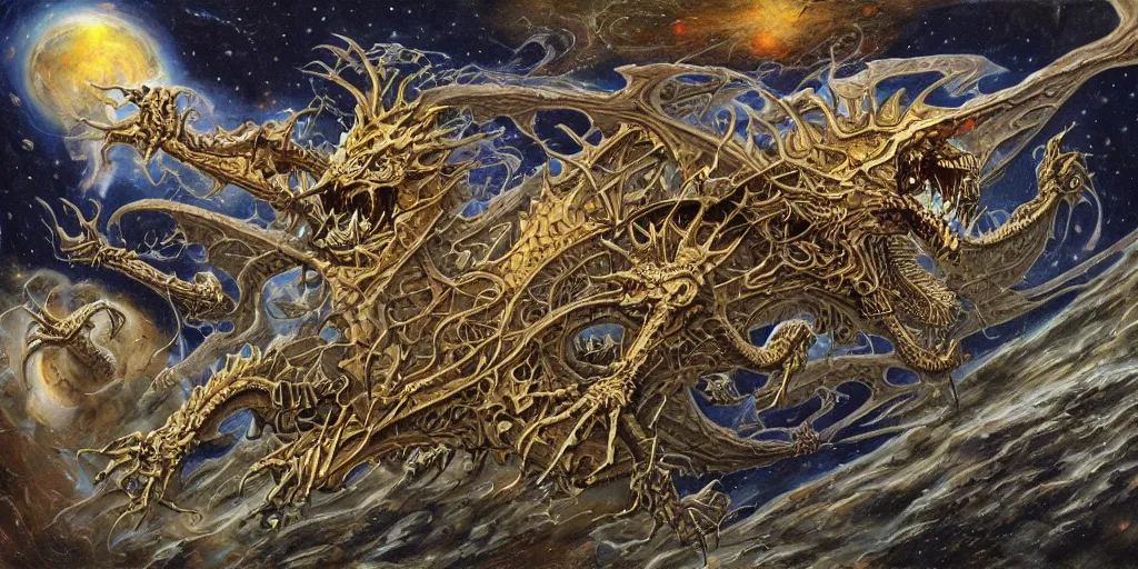 Prompt: a dragon skeleton floating in outer space, Dan Seagrave art