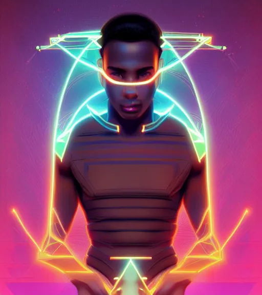 Image similar to symmetry!! egyptian prince of technology, solid cube of light, hard edges, product render retro - futuristic poster scifi, lasers and neon circuits, brown skin man egyptian prince, intricate, elegant, highly detailed, digital painting, artstation, concept art, smooth, sharp focus, illustration, dreamlike, art by artgerm