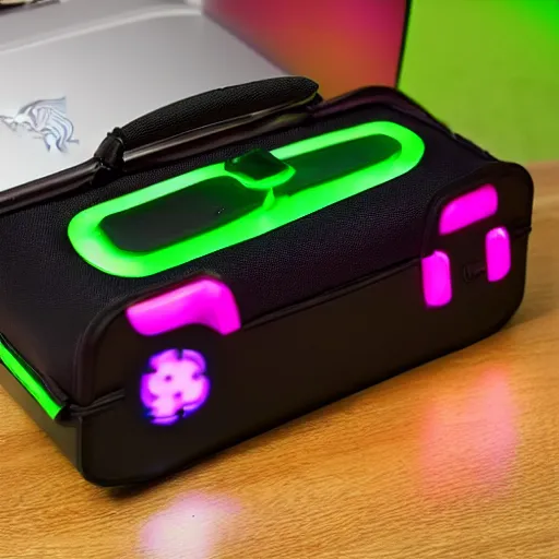 Prompt: “Gaming lunchbox made by Razer, with lights”