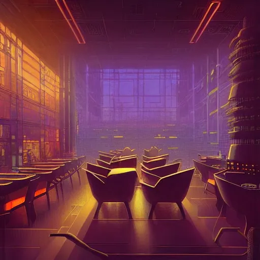 Image similar to futuristic cyberpunk restaurant, interior architecture view, beautiful detailed pixelart by albertov, intricate details, beautiful, dithered gradients, volumetric lighting, cgsociety, artstation, smooth, sharp focus, 2 d illustration, by greg rutkowski, amazing art by dan mumford