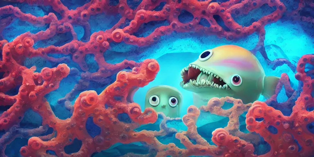 Image similar to of a colorful cloudy deep sea under water with strange cute friendly happy creatures with huge eyes, mouth, long tongue and round teeth appearing from sandy coral, in the style of gehry and gaudi, macro lens, shallow depth of field, highly detailed, digital painting, trending artstation, concept art, illustration, cinematic lighting, photorealism, epic, octane render