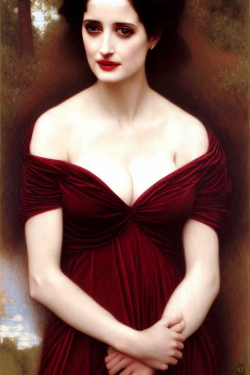 Image similar to eva green angeline jolie in velvet dress painting by rossetti bouguereau, detailed art, artstation