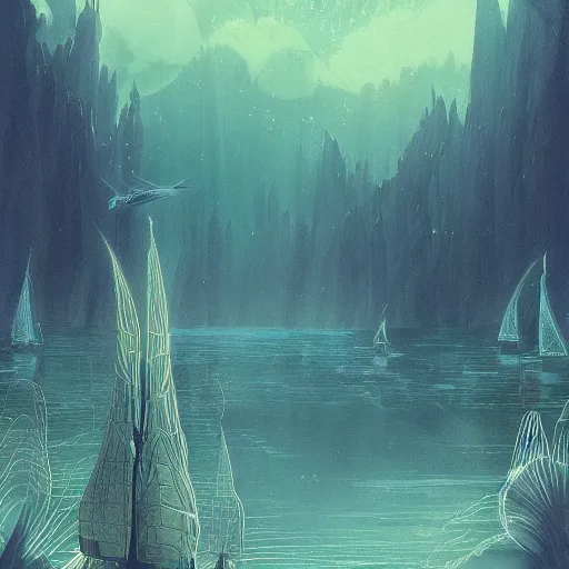 Prompt: sailing into the unexplored mist, cinematic fantasy illustration, magical, bioluminescence, detailed