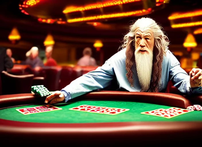 Image similar to film still of gandalf gambling in a casino in new comedy movie, 8 k