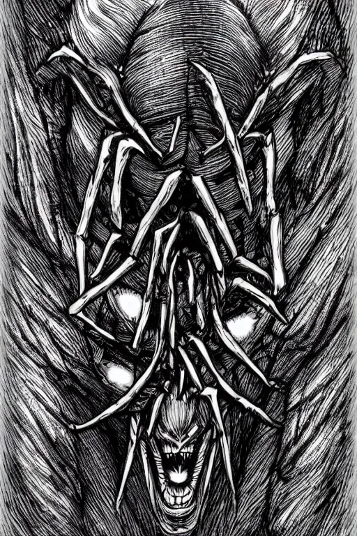 Image similar to spider humanoid figure monster, symmetrical, highly detailed, digital art, sharp focus, trending on art station, kentaro miura manga art style