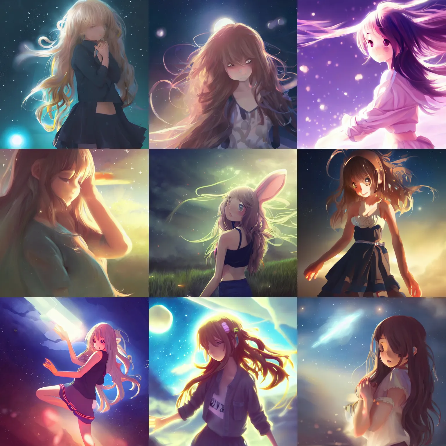 Prompt: anime, full body, bunny girl, a cute girl reach out to camera, shooting star in background, long wavy hair, light and shadow effects, highly detailed, digital painting, art station, sharp focus, high quality, frontal view, illustration, concept art, wlop